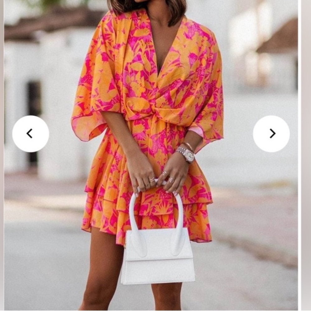 Boho Beach Hut floral ruffle mini dress, NWOT, orange pink bohemian dress